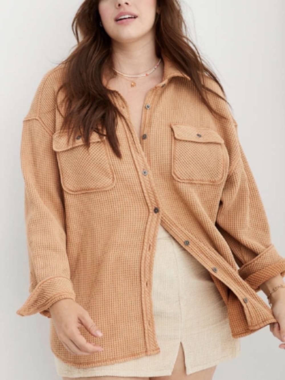 Aerie Lumber Jane Waffle Knit Shirt size Medium Tan Camel Oversized Shacket
